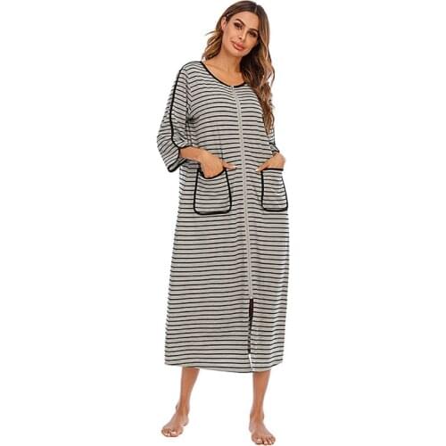 Autumn Women Zipper Front Robes House Coat Half Sleeve Loungewear Long Nightgown with Pockets