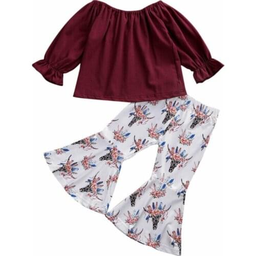 1-6Y Autumn Kid Baby Girl Clothes Sets Off Shoulder Tops T-shirt Floral Wide Leg Pants Clothes