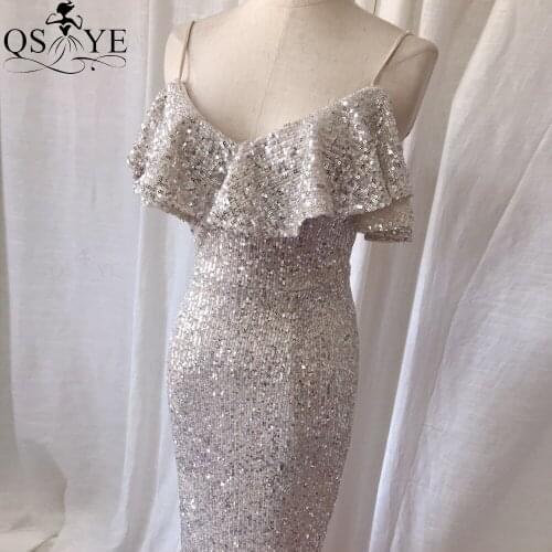 QSYYE Silver Sequined Evening Dress Mermaid Sexy Neck Ruffle Round Long Party Dress Spaghetti Straps Lady Formal Dresses Fitted