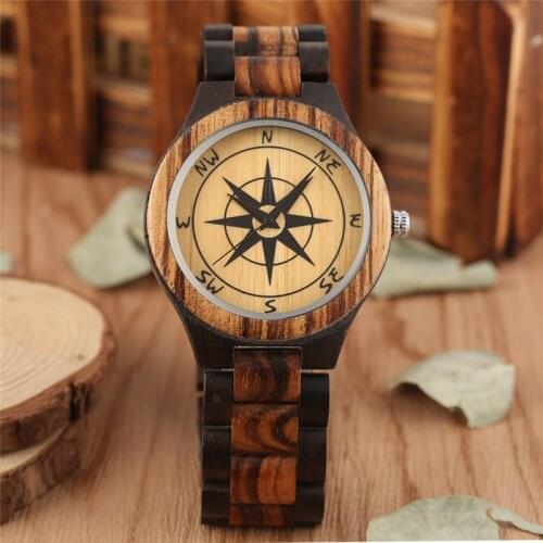 Luxury Mens Handmade Wooden Wristwatch Compass Dial Clock Quartz Analog Timepiece Full Bamboo Exquisite Strap Bangle Present