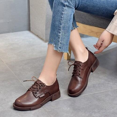 Flat leather small single shoes lace-up low-top shoes spring new British style first layer cowhide womens shoes casual shoes