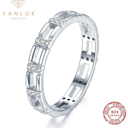 YANLOK Geometric Hollow Out Stackable Finger Rings For Women Clear CZ Ring Band 925 Sterling Silver Korean Fine Jewelry Anel