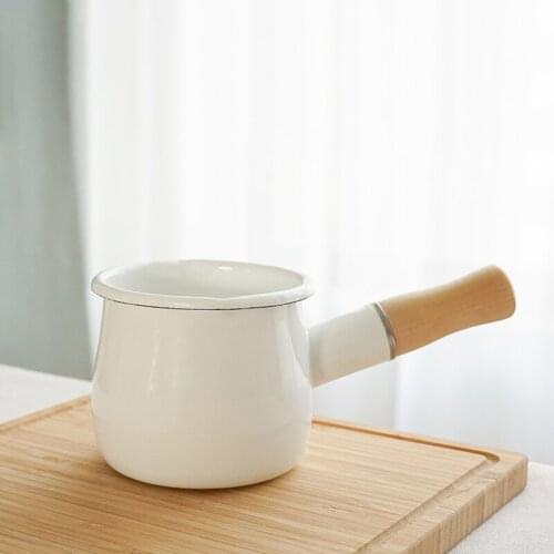 Japanese Style Enamel Milk Pan With Wooden Handle Coffee Heating Pan Kitchen Double Nozzle Household Baby Food Cooking Pot ZA382