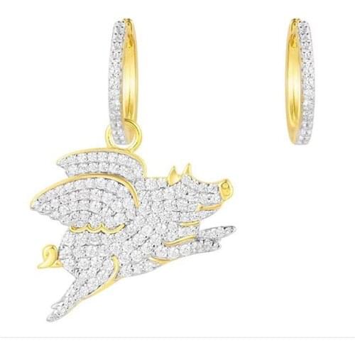 SLJELY Brand Design 925 Sterling Silver Flying Pig Earrings Women Cubic Zirconia Gold Color Asymmetry Earrings Jewelry Fine
