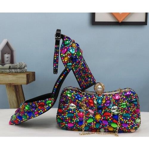 2021 Women wedding shoes with matching bags Multicolored Crystal Thick High heels Ladies Party Dress shoes women Pumps