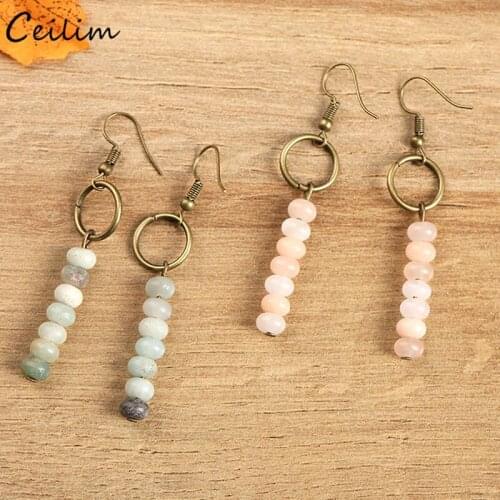 Vintage Handmade Natural Stone Drop Earring for Women Ethnic Bronze Color 6mm Bead Long Dangle Earrings 2019 Retro Jewelry