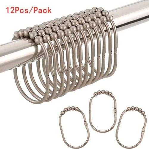 12Pcs/Pack Stainless Steel Curtain Hooks Bath Curtain Rollerball Shower Curtain Rings Hooks 5 Rollers Polished Satin Nickel Ball