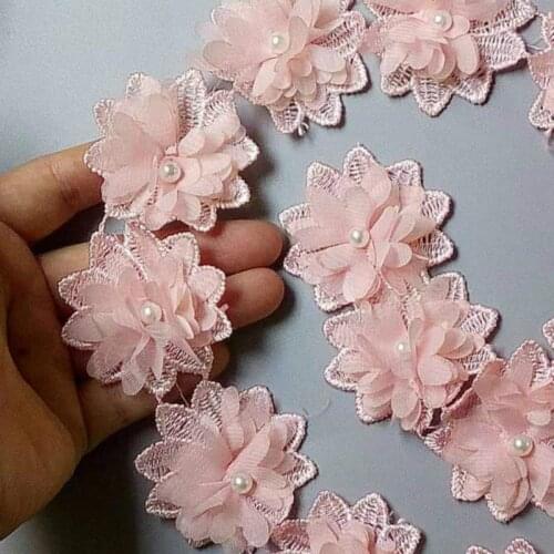 2 yard Pink Soluble Chiffon Pearl Flowers Embroidered Lace Trim Ribbon Fabric Sewing Craft For Costume Wedding Dress Decoration