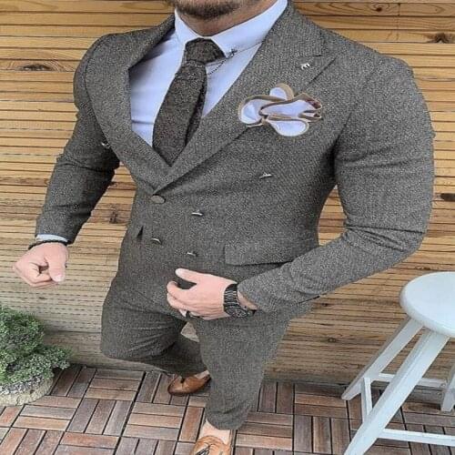 2020 Gray Double-breasted Suit Mens Wedding Suits Custom Made Slim Fit Business Suit Groom Tuxedos 2 Piece Set (Jacket+Pants)