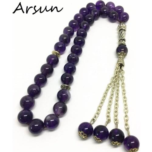 33 Beads 8mm Natural Purple Amethyst Crystal Quart Stone Muslim Islamic Tasbih Allah Prayer Rosary Tesbih Free Shipping