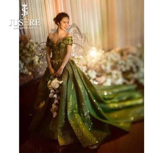 Off the Shoulder Scoop Neckline Green Gold Color Middle East Arabic Puffy Shiny Elegant Golden Green Evening Dress 2018