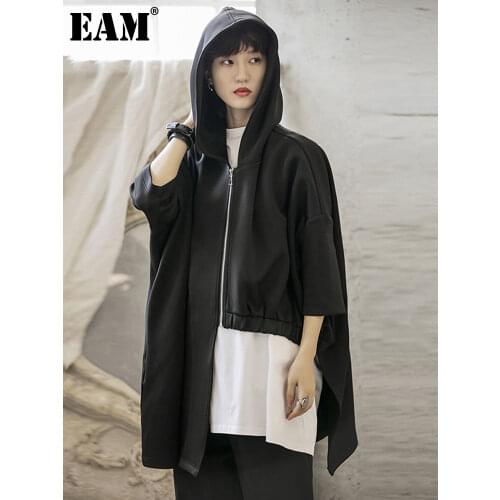 [EAM] Loose Fit Drawstring Oversize Irregular Jacket New Hooded Long Sleeve Women Coat Fashion Tide Spring Autumn 2021 1A523