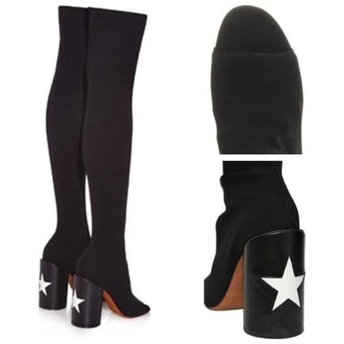 Elastic Black Peep Toe Thigh High Boots Sexy Slim Fit Gladiator Boots White Star Decor High Heel Boots
