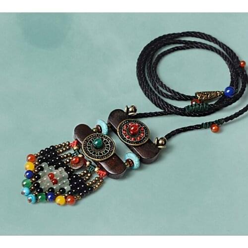 Ethnic Bohemian Necklace for Women Natural Stone Pendant Necklaces Vintage Long Rope Chain Necklace