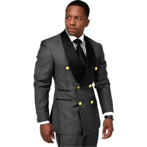 JELTONEWIN 2021 Dark Grey Gold Buttons Men Suits Costume Mariage Homme Double Breasted Blazer Men Tuxedos Groom Wedding Suits