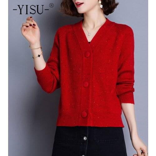 YISU Women V-Neck Cardigan Spring Autumn New Long Sleeve Loose Button Sweater Coat 2021 New Warm Casual Knitted Coat Cardigan