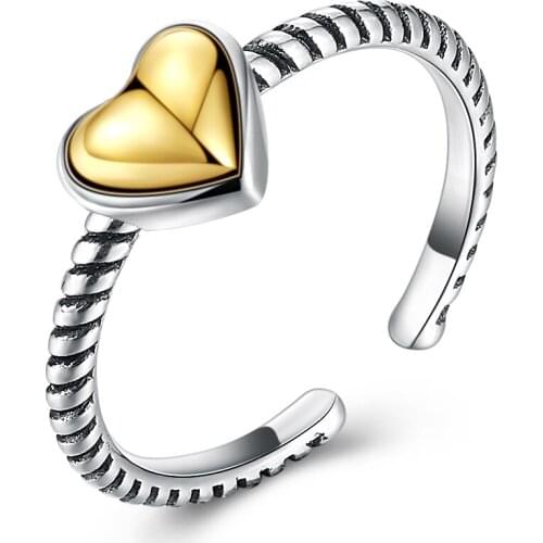 ZEMIOR 925 Sterling Silver Golden Heart Rings For Women Open Adjustable Ring Vintage Style Jewelry Romantic Anniversary Gift