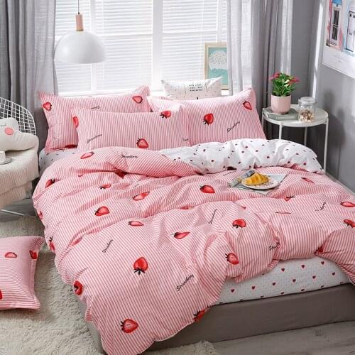 Pink White Strawberry Stripe Cartoon Comforter Bedding Set Fashion King Queen Twin Size Bed Linen Duvet Cover Sets Child Gift