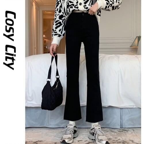 Fashion Black High Waist Wide Leg Flare Jeans Skinny Bell Bottom Bootcut Pants For Women Girl Ankle Length Denim Lady Trouser