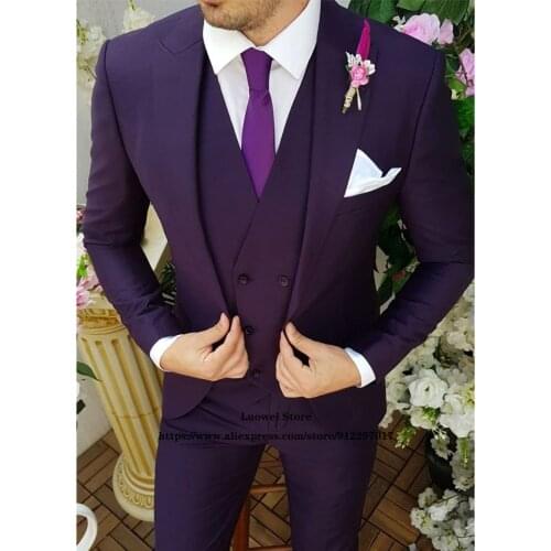 Fashion Purple Slim Fit Mens Suits Wedding Groom 3 Piece Jacket Vest Pants Set Professional Formal Business Blazer Costume Homme