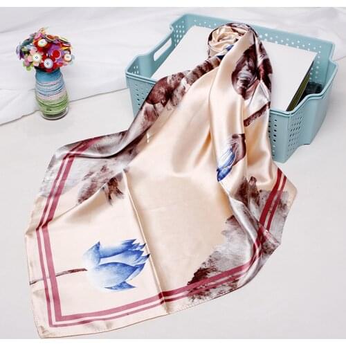 Fashion Shawl Scarf For Women Pink Floral Print Satin Hijab Scarfs Female 90*90cm Square Neckerchief Headband Scarves For Ladies