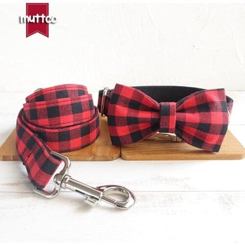 MUTTCO handmade pet leash dog collar set convenient to walk the dog THE RED BLACK PLAID customized puppy collar 5 sizes UDC074