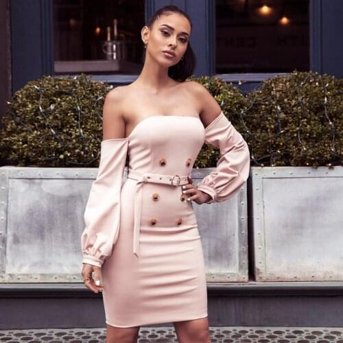 Pink Strapless Long Sleeve Button Cold Shoulder Lantern Sleeve Waistband Mini Bodycon Dress