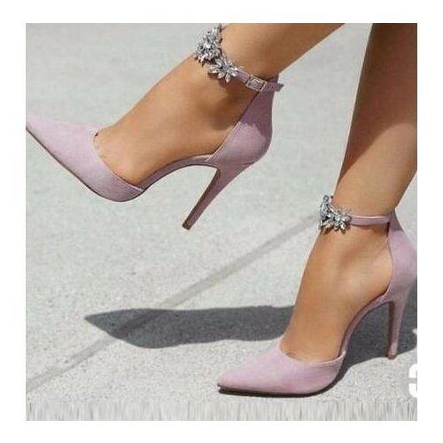 Sexy Pink Suede Pointed Toe Pump Women Shoes Crystal Ankle Strap Cut-out Women Shoes High Heels Plus Size Wedding Shoes Bride