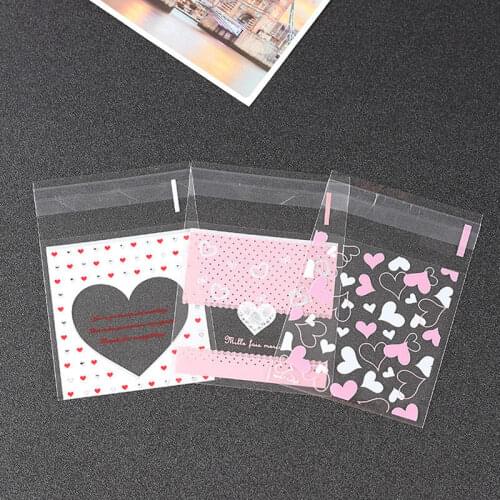 Plastic Heart Candy Cookie Gift Bag Cookie Packaging Bags DIY Self Adhesive Pouch Wedding Birthday Party 7X7+3cm