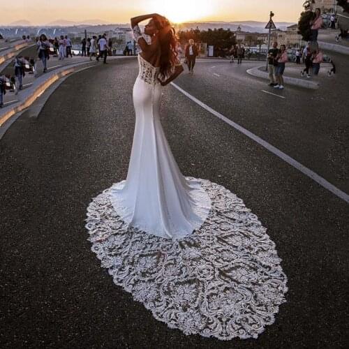 Luxury Design Long Trail Wedding Dresses Mermaid Sexy Sweetheart Neckline Lace Bridal Gowns vestidos de noiva Custom Size