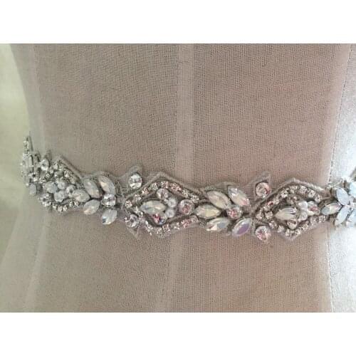 Luxury Opal Silver Rhinestone Trim Rhinestone Beaded Applique Bridal Accessories Wedding Dress Sash Belt Headband