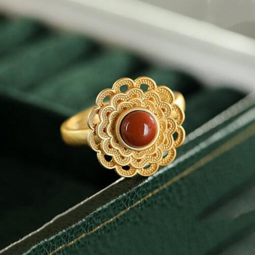 S925 Sterling Silver Southern Red Agate Ring Atmospheric Hollow Gold Flower Ring Ornament for Women