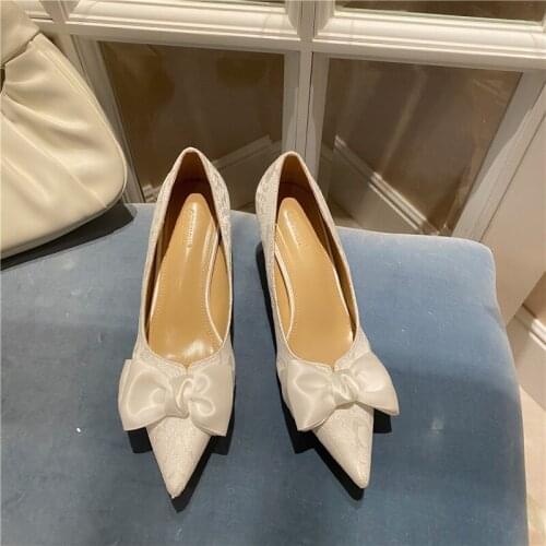 Silk Bowknot wedding woman pumps pointed toe thin high heels shoes women 2021 slip on mary janes lace embroider tacones de mujer