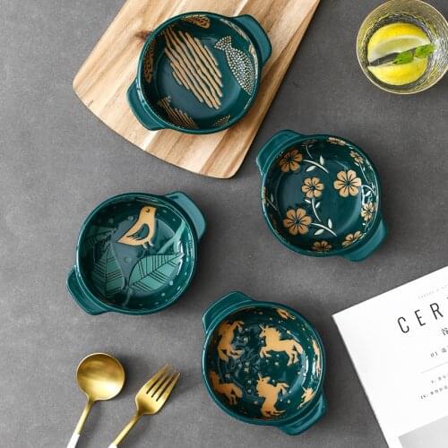 Japanese and Wind Embossed Glaze Under The Colored Two-eared Household Steamed Egg Bowl Pudding Oven with Dessert Bowl Cutlery