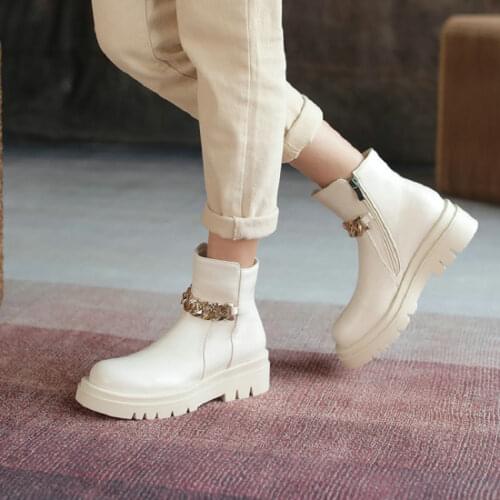 Sianie Tianie Round Toe Thick Rubber Sole Platform Gothic Punk Womens Winter Shoes With Metal Chain Slip-on Ankle Chelsea Boots