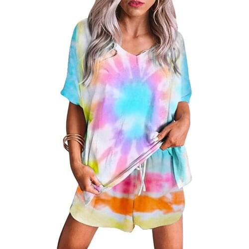 Women soft Pajama Sets Sleepsuit Tie Dye V Neck Short Sleeve Loose T-shirt +Shorts summer Sleepwear sleeping Set female