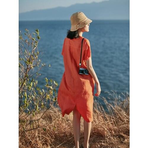 Medium and long dress linen womens summer dress new literary casual dress simple loose slim short sleeve long dress 2021009