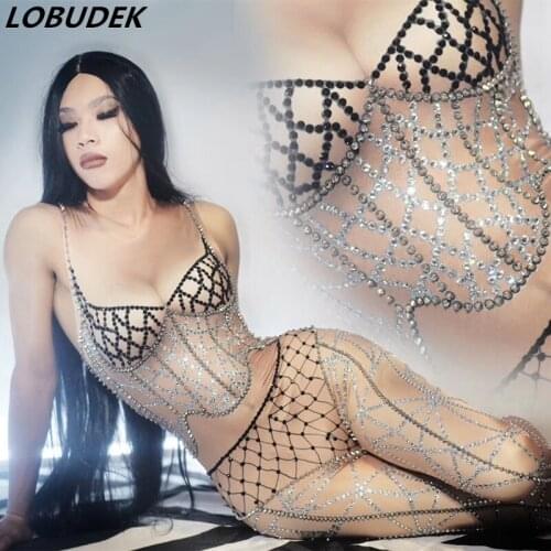 European Nightclub Women Leotard Sexy DJ Singer Pole Dance Costume 3D Print Crystals Rivet Elastic Jumpsuit Bar Party Stage Wear