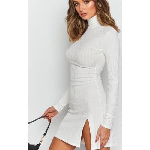 WJFZQM Women Autumn Winter Sweater Knitted Dress Slim Elastic Turtleneck Long Sleeve Sexy Lady Bodycon Ribbed Office Dress