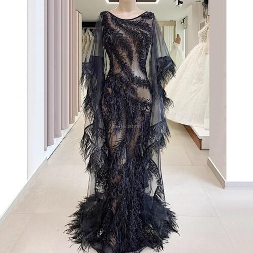 Haute Couture Black Scoop Evening Dress Mermaid Beaded Sequins Feathers Floor-Length Prom Dress Lady Dress Women Dress Dubai