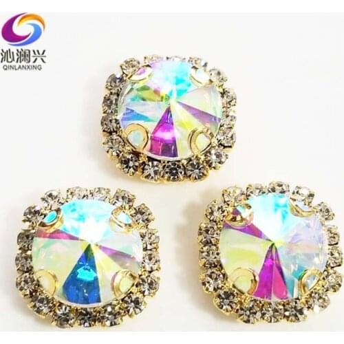 AB color Round shape top glass crystal rhinestones with hole,golden bottom sew on stone for Diy Clothing accessories