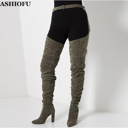 ASHIOFU Handmade Women Chunky Heel Waist Boots Faux-suede Party Over Knee Boots Sexy Club Evening Fashion Thigh High Boots Shoes