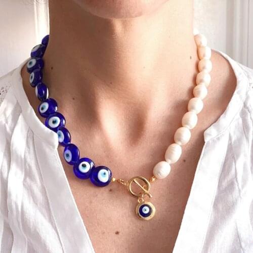 Georgeos boho Murano glass evil eye beads freshwater pearls enameled pendant Toggle clasp 24K gold plated chocker necklace women
