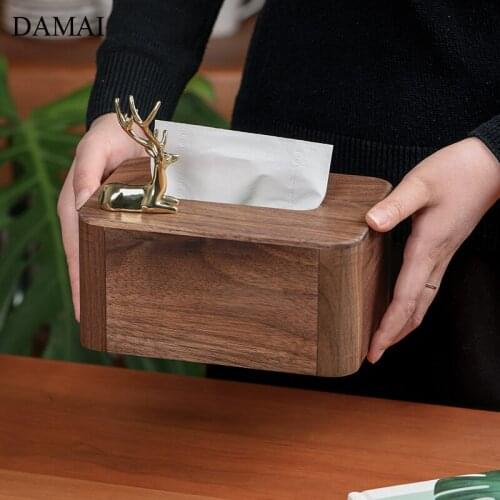 Pure Copper Deer Wood Tissue Boxes Animal Decorative Walnut Napkin Holder Living Room Bedroom Desktop Pumping Paper Storage Box