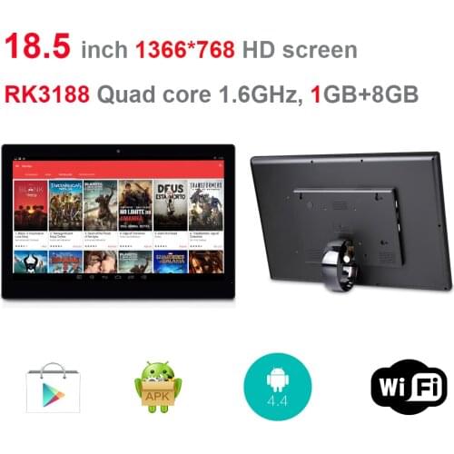 18.5 inch Android digital signage display(remote,Rockchip3188 1.6Ghz, 1GB ddr3, 8GB flash,Bluetooth4.0, wifi, RJ45, play store)