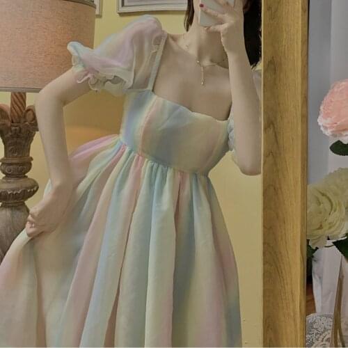 French Fairy Midi Rainbow Dress Women Sweet Puff Sleeve Backless Designer Kawaii Dress Korean Style Slim Sexy Summer Dress 2021