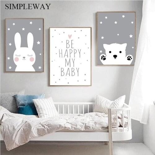 Cartoon Rabbit Bear Canvas Poster Nursery Wall Art Print Canvas Painting Nordic Kids Decoration Picture Baby Boys Bedroom Decor