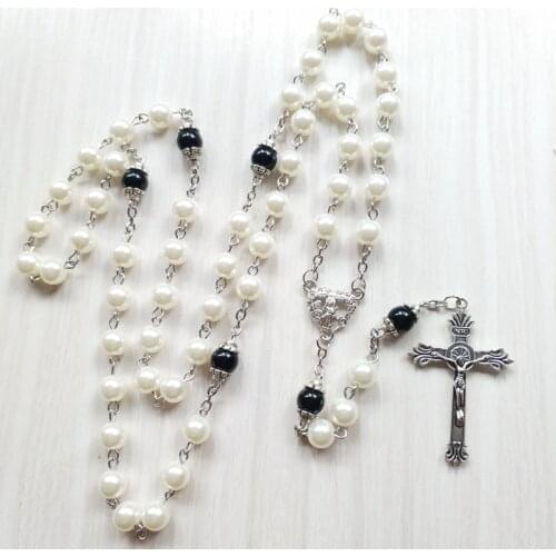 QIGO Catholic Cross Jewelry White Acrylic Pearl Rosary Necklace For Men Women Gifts