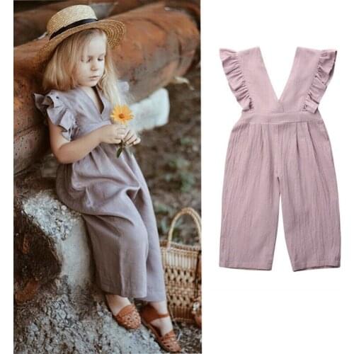1-6Y Toddler Kid Baby Girls Romper Clothes Ruffles Sleeve Solid V Neck Loose Jumpsuit Playsuit Outfit
