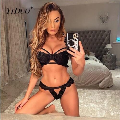 YiDuo Lace Underwire Brief Sets Women Black See Through Sexy Mesh Lingerie Underwear 2 Piece Set Lenceria Sensual Mujer